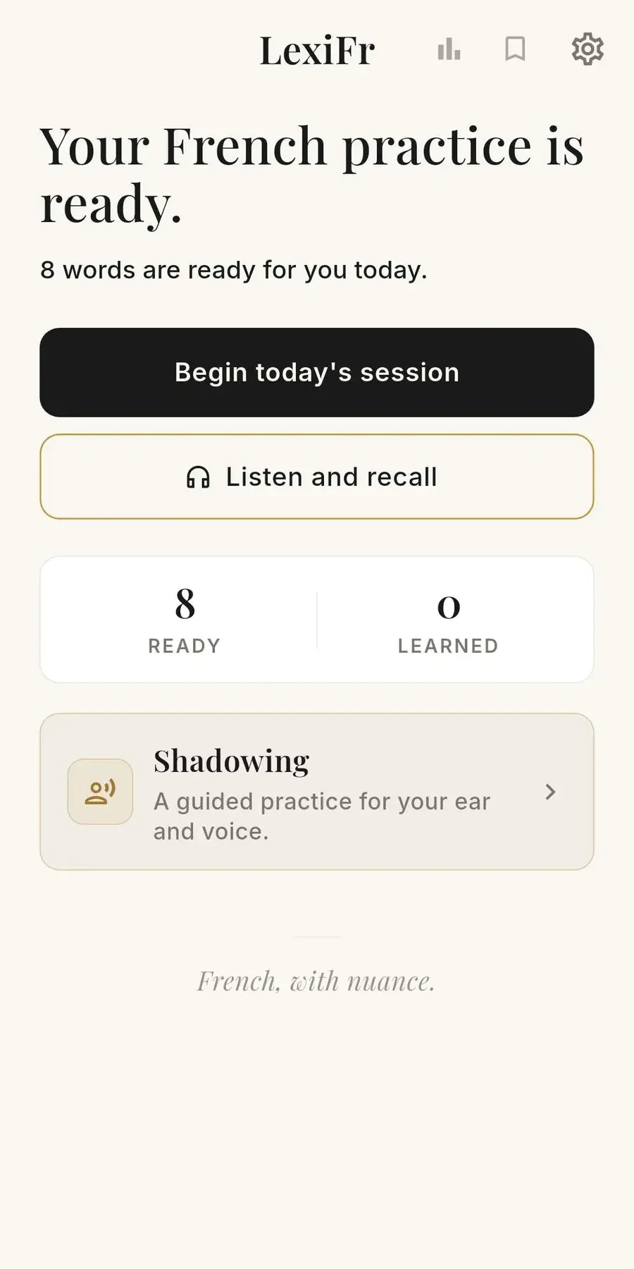The LexiFr home screen: French words ready for today, with a button to begin the session